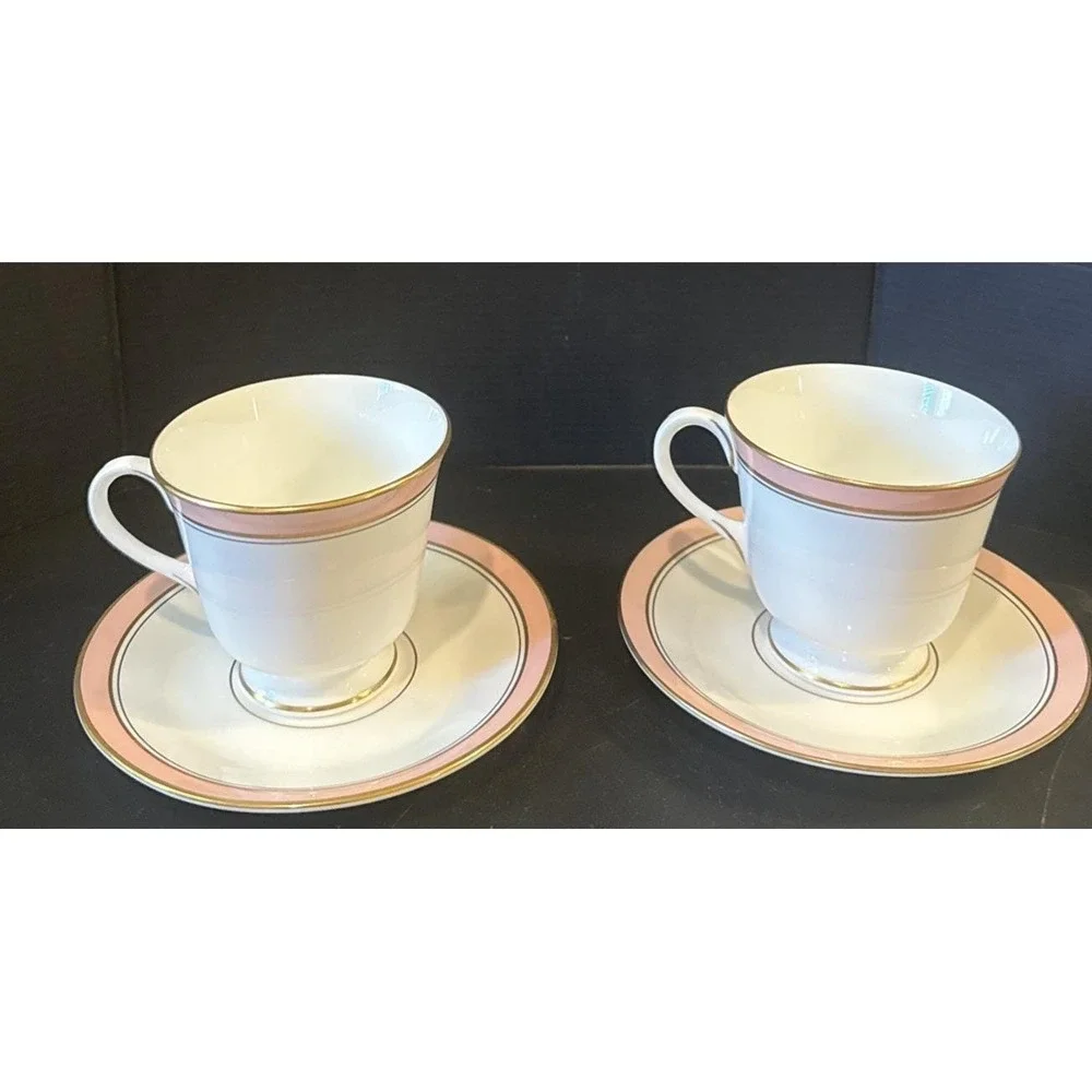 Royal Worcester Howard Pink Gold Trim Tea Cups Teacup Saucer Plates Set Of 2
